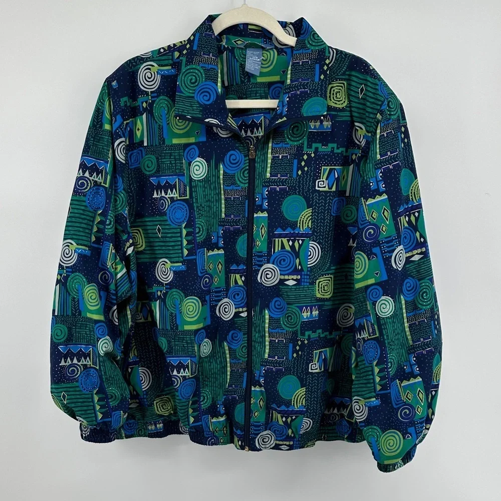 VTG‎ 80s Koret Sport Green/Blue Colorful Geometric Track Jacket SZ 22W